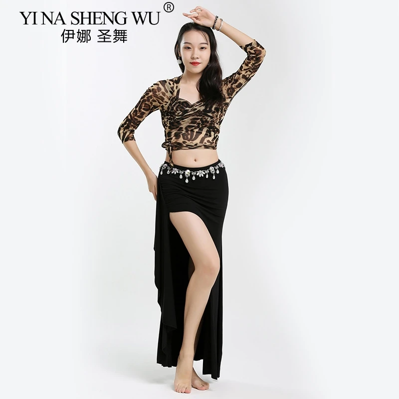 Women Oriental Practice Wear Professional Oriental Dance Belly Dance Costume Leopard Top Split Long Skirt Suit Outfit Clothes