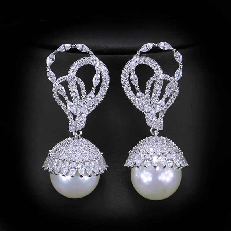 CWWZircons Elegant Shape Silver Color CZ Stone Paved Dangling Round Big Pearl Drop Earring for Women Jewelry Gift  CZ360