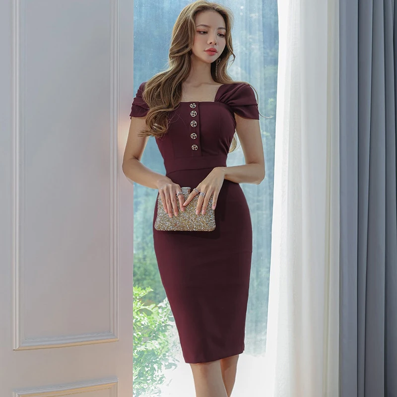 Fashion Korean Vintage Square Collar Short Sleeve Midi Party Dress Women Elegant Coffee Break Sexy Bodycon Skinny Female Dress