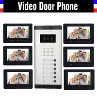 6 Units Apartment Video Intercom System 7 Inch Monitor Video Door Phone Intercom System Wired  Home Video Doorbell kit