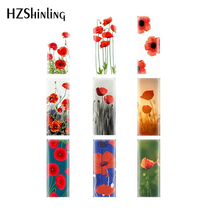 HOT sale 10*25mm Rectangle Glass Cabochon Poppies Flower Semi finished jewelry accessories