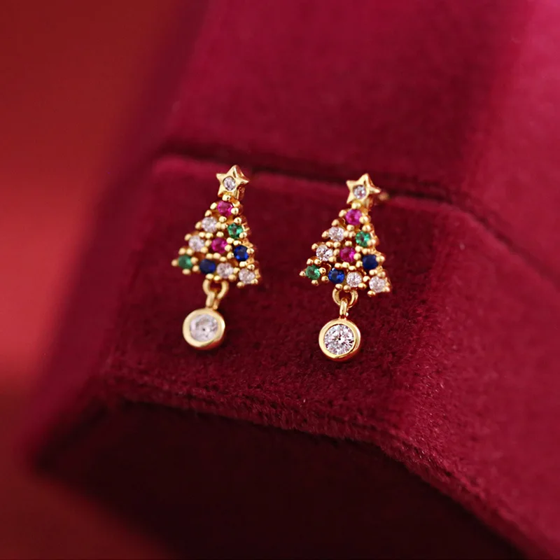 LIVVY Colourful Christmas Tree Stud Earrings Charm Women Star Zircon Jewelry Fashion Simple Cute Party Accessories