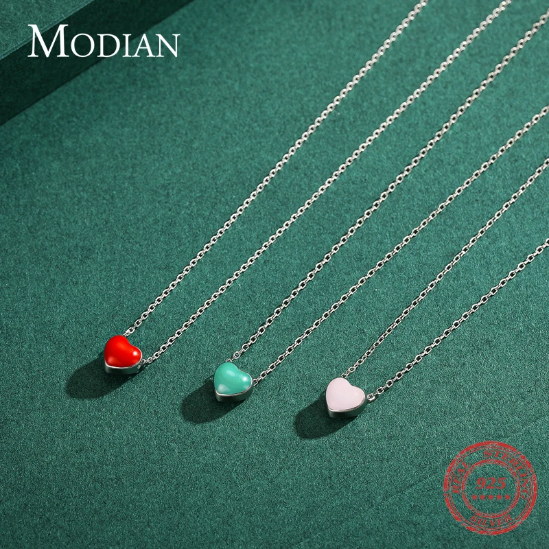Modian 3 Color Enamel Hearts Necklace Fashion 925 Sterling Silver Charm Red Necklaces Pendant For Women Fine Female Jewelry Gift