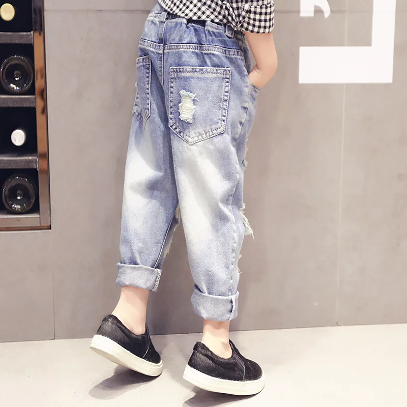 Spring and Autumn New Children Clothing Fashion All-match Solid Color Girl Ripped Jeans Korean Boys Trousers Straight Retro