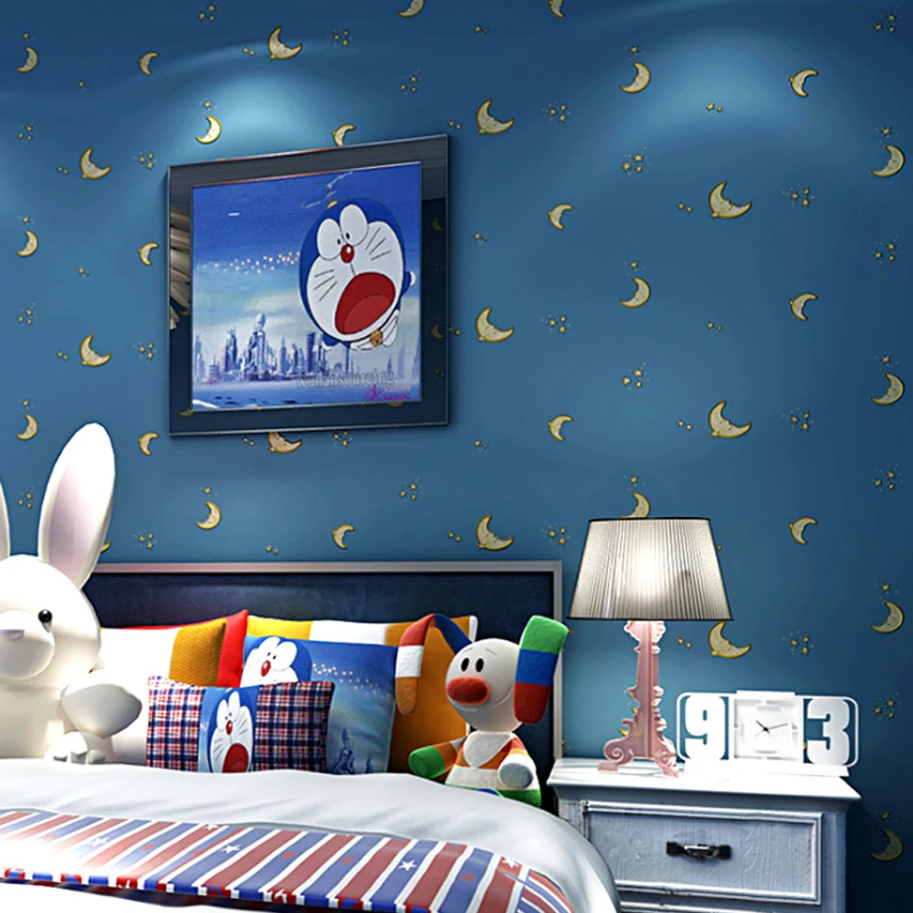 

Q QIHANG Modern Cartoon Pattern Stars and Moon Living Room Children's Room Non-woven Wallpaper Blue Color 0.53m*10m=5.3m2