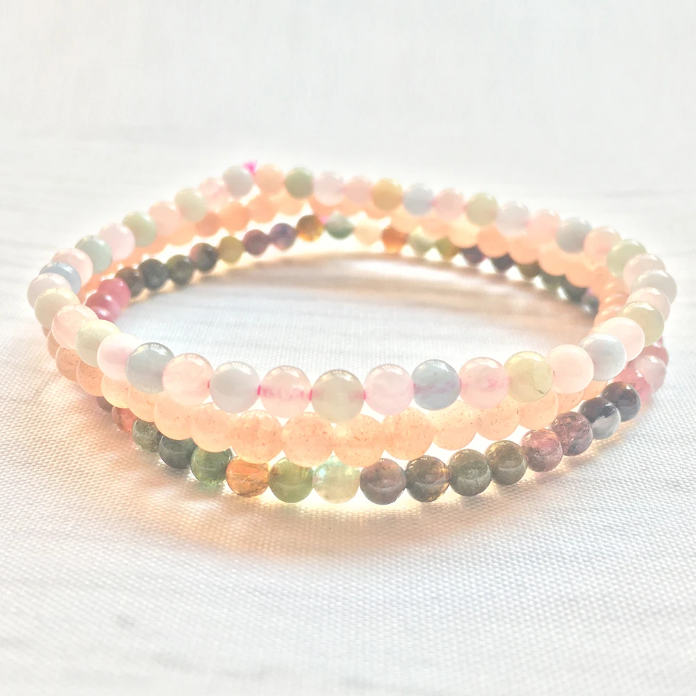 MG0126 Wholesale Natural 4 MM AA Grade Rainbow Tourmaline Sunstone Morgan Agate Bracelet Set Womens Mini Gemstone Yoga Jewelry