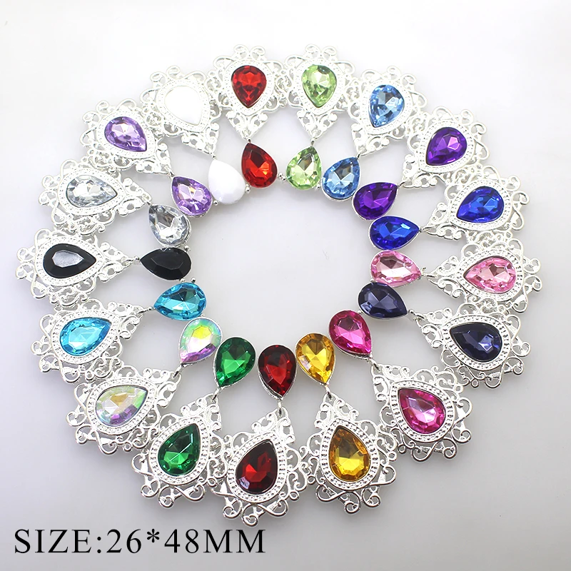 10 pieces/batch 26 * 48MM alloy droplet gemstone pendant DIY hair accessories clothing accessories flat bottom brooch