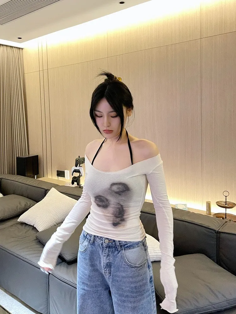 Karrcat Sexy See Through Mesh Tops Thin Slim Semitransparent Top Tie Dye Grunge Aesthetic T-shirts Women Chic Clubwear Graphic