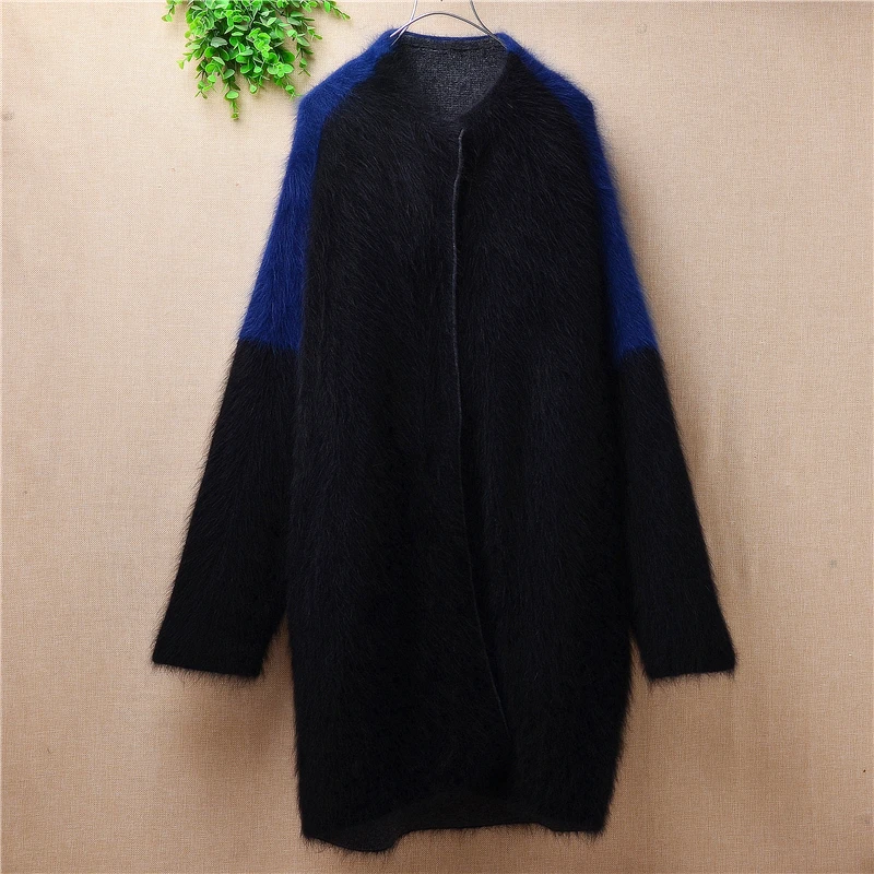 Thick winter long coat women loose patchwork hairy angora rabbit fur knitted o-neck long sleeve cardigan female jackets sweater