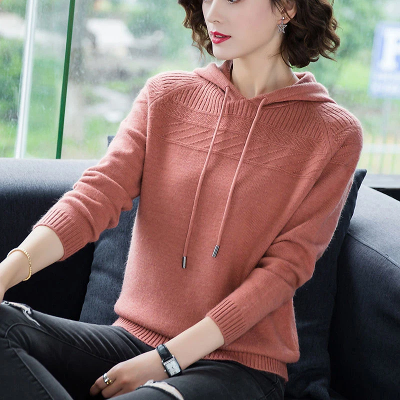 Slim Knitted Hooded Sweaters For Women Classic Malhas Pullover Oversized Spring Fall Casual Knitwear Tops Sueter Sweatshirt New