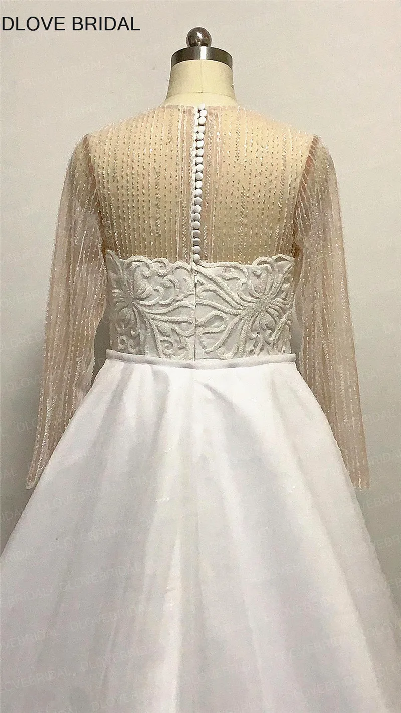 Sparkle Detachable Wedding Dress with Long Sleeves High Quality Custom Made Heavy Beaded Bridal Gown Covered Buttons Real Photos