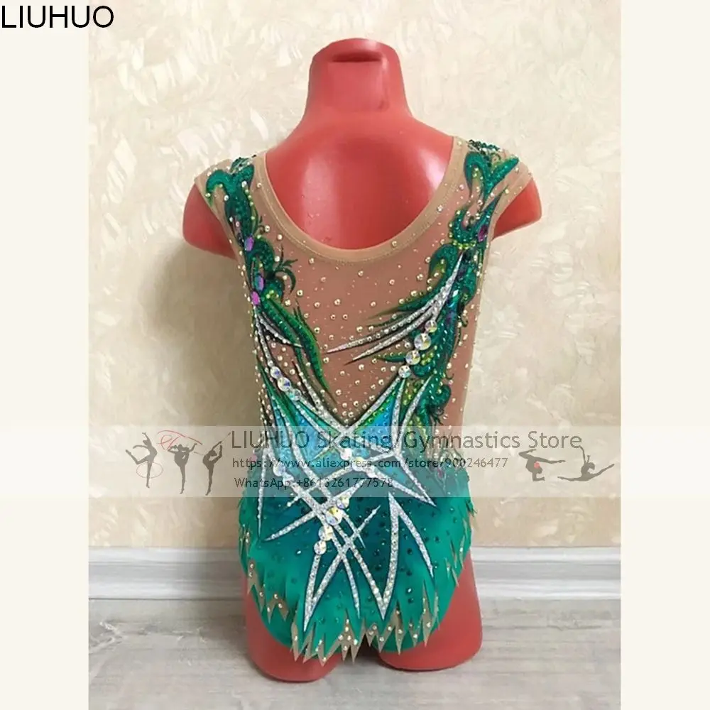 LIUHUO Rhythmic Gymnastics Leotards Women Green Spandex Rhinestones Competition Rhythmic Costumes Ice Skating