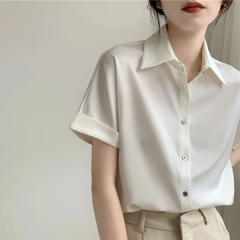 JMPRS Elegant Women Chiffon Shirt White Office Summer Short Sleeve Summer Ladies Tops Casual Loose Large Size Button Up Blouse