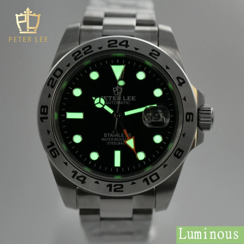 Top luksusowa marka PETER LEE 42MM ze stali nierdzewnej GMT zegarek z czujnikiem ruchu dla mężczyzn automatyczne mechaniczne Vintage Designer zegarki prezenty