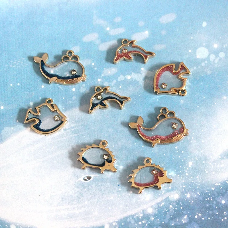 10pcs/lot New Pearlescent Pink Whale Dolphin Hedgehog Transparent Pendant  Jewelry Alloy Metal Enamel Pendant XL780