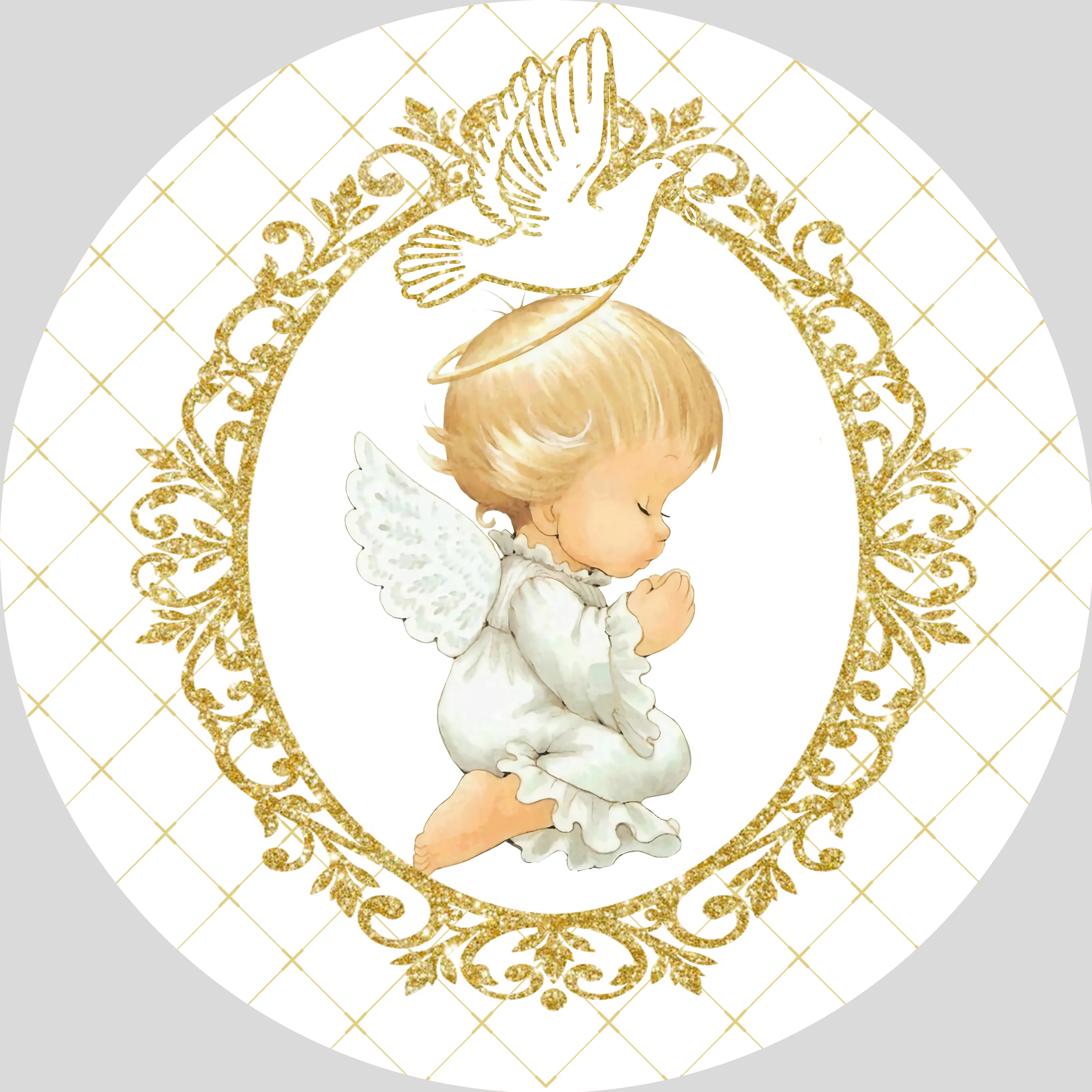 God Bless Baby Baptism Circle Round Background cover Photo Backdrop Pigeon Gold Angel Girl Boy Party Decoration