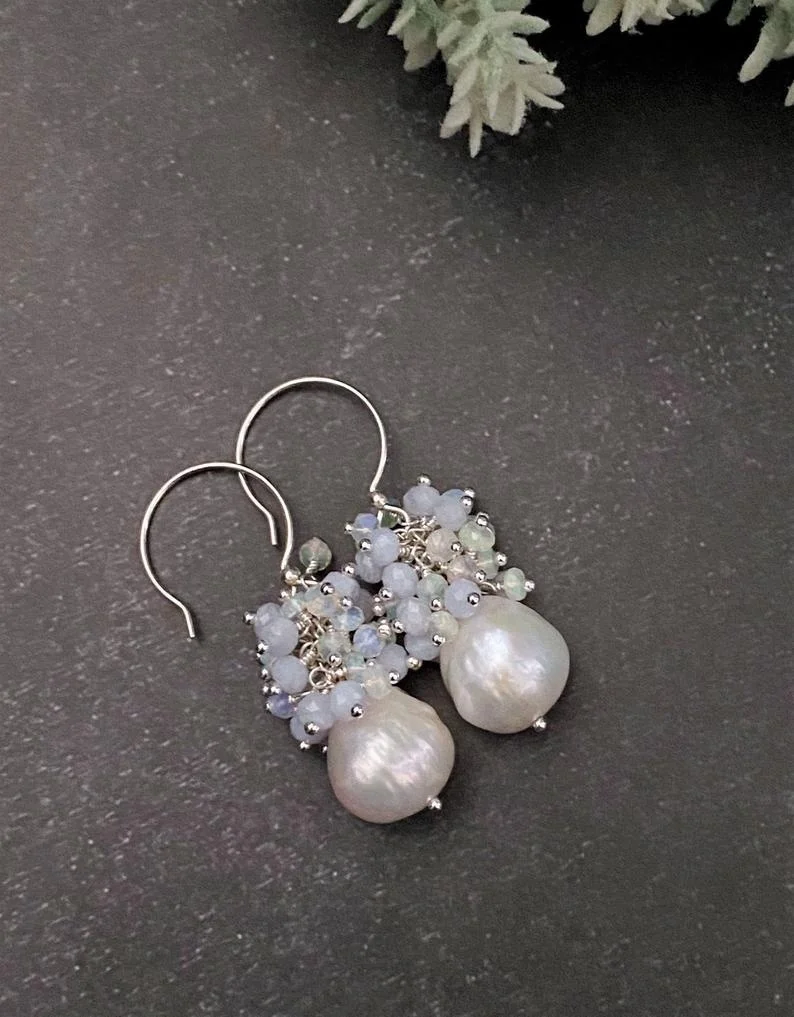 sterling silver blue chalcedony earrings-white cultured pearls-welo Ethiopian opal view 2