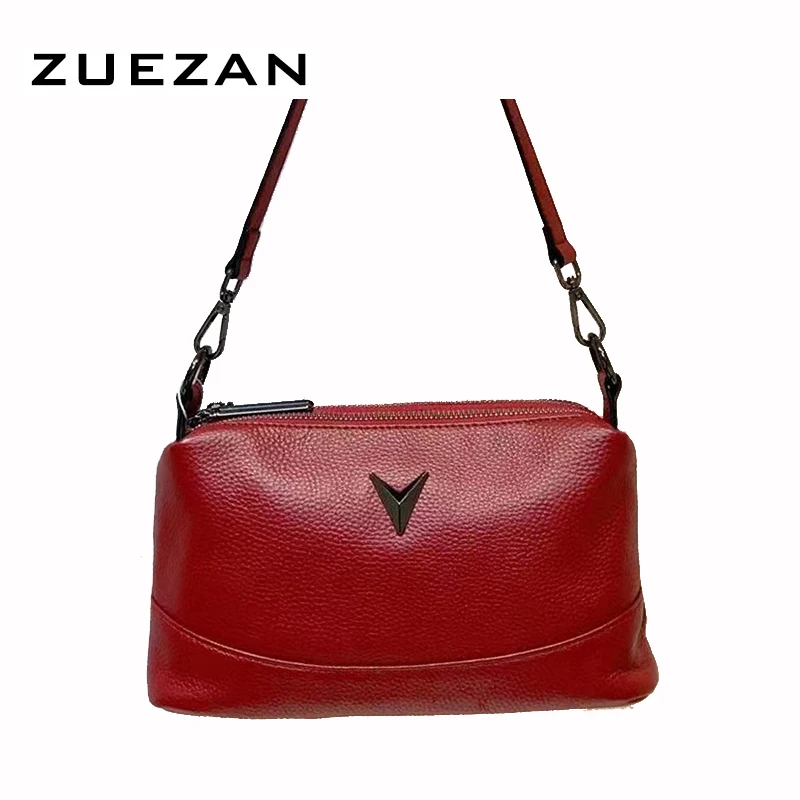 3 Zippers, 2 Straps, Women Genuine Leather Messenger Bag, Female Soft 100% Natural Cowhide Shoulder Cross-body Bag, T021