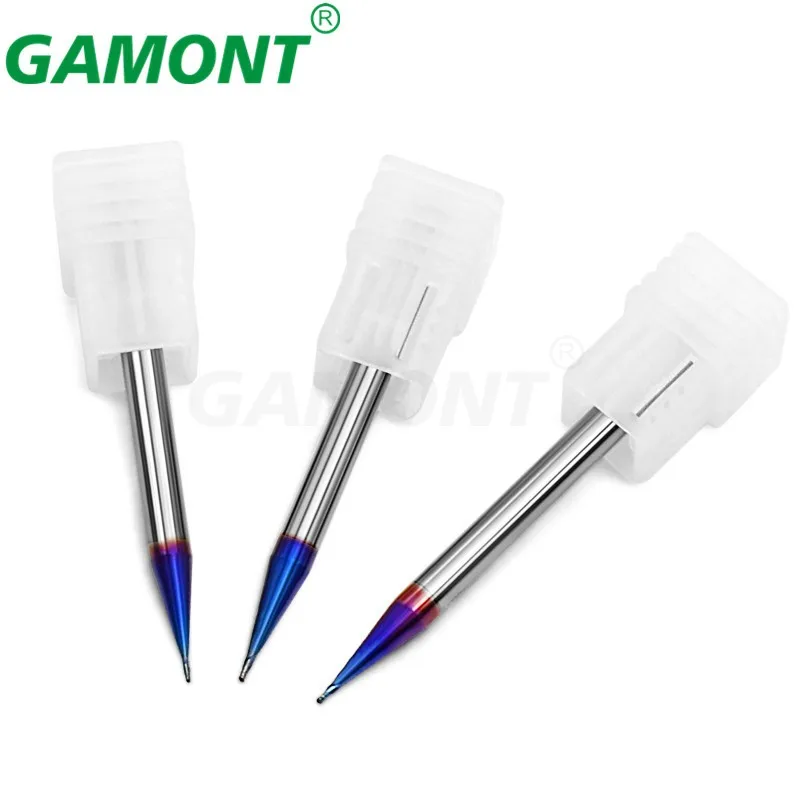 GAMONT 텅스텐강 카바이드 CNC 기계 센터 엔드밀 공구, 블루 나노 코팅, 마이크로 직경 2F 볼 노즈 밀링 커터, HRC70