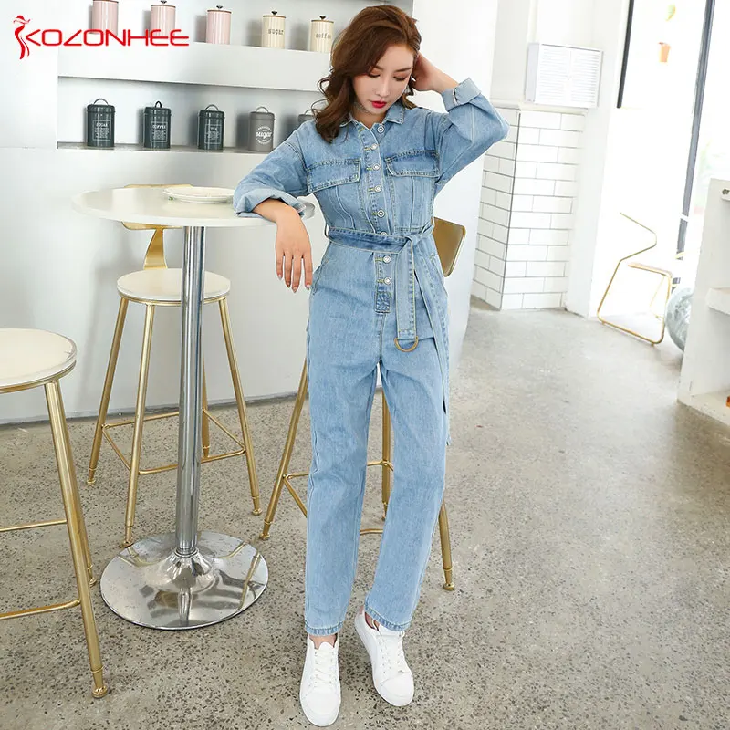 Loose Sashes Denim Work Suit Overalls Jumpsuits Pocket Rompers Jeans with high waist Plus Size Women Fashion Casual  #92