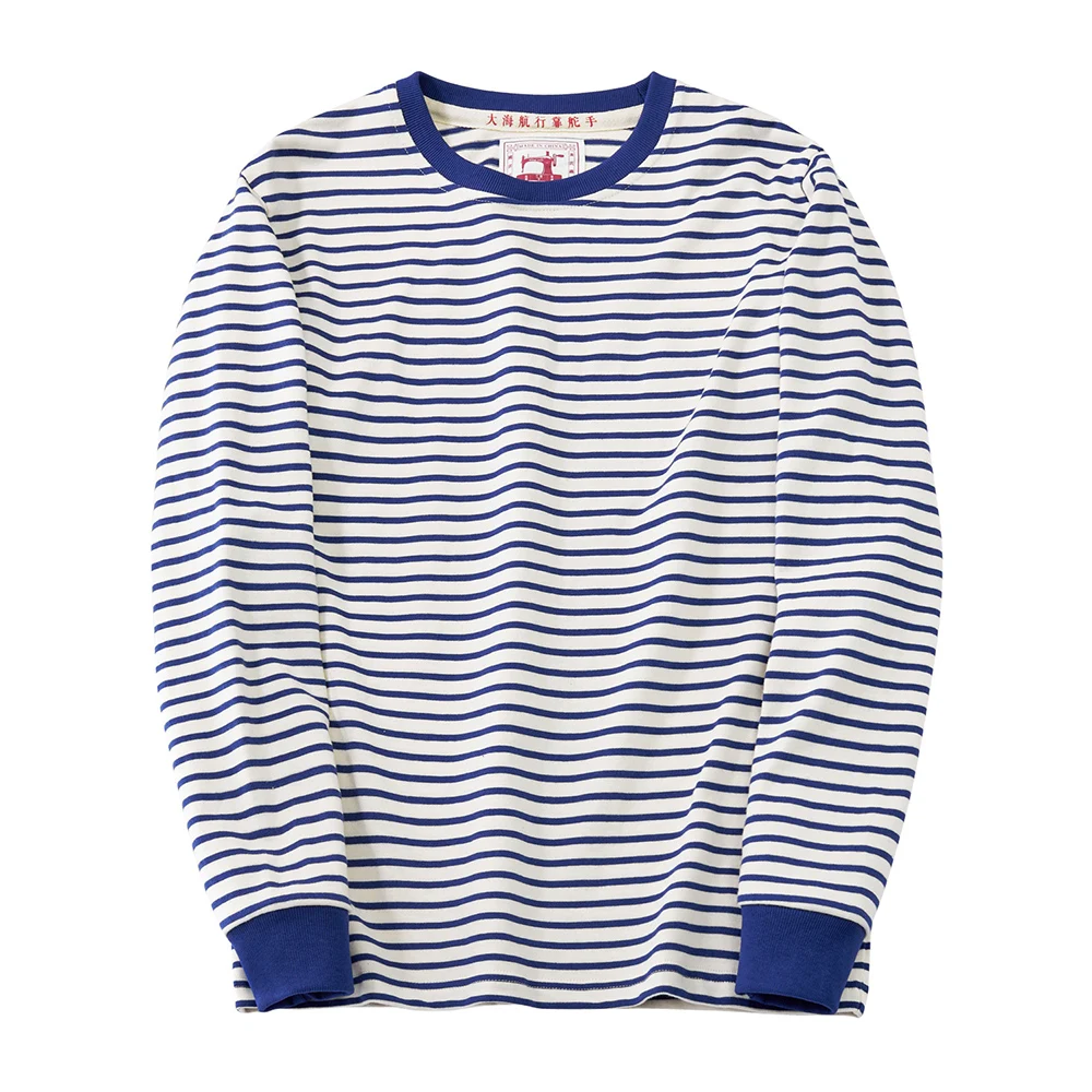 

Winter New Blue White Striped Long Sleeve T Shirt Men Japanese Retro Heavy Weight Cotton Casual Tops Lovers Shirt Streetwear