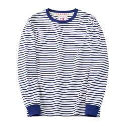 Winter New Blue White Striped Long Sleeve T Shirt Men Japanese Retro Heavy Weight Cotton Casual Tops Lovers Shirt Streetwear