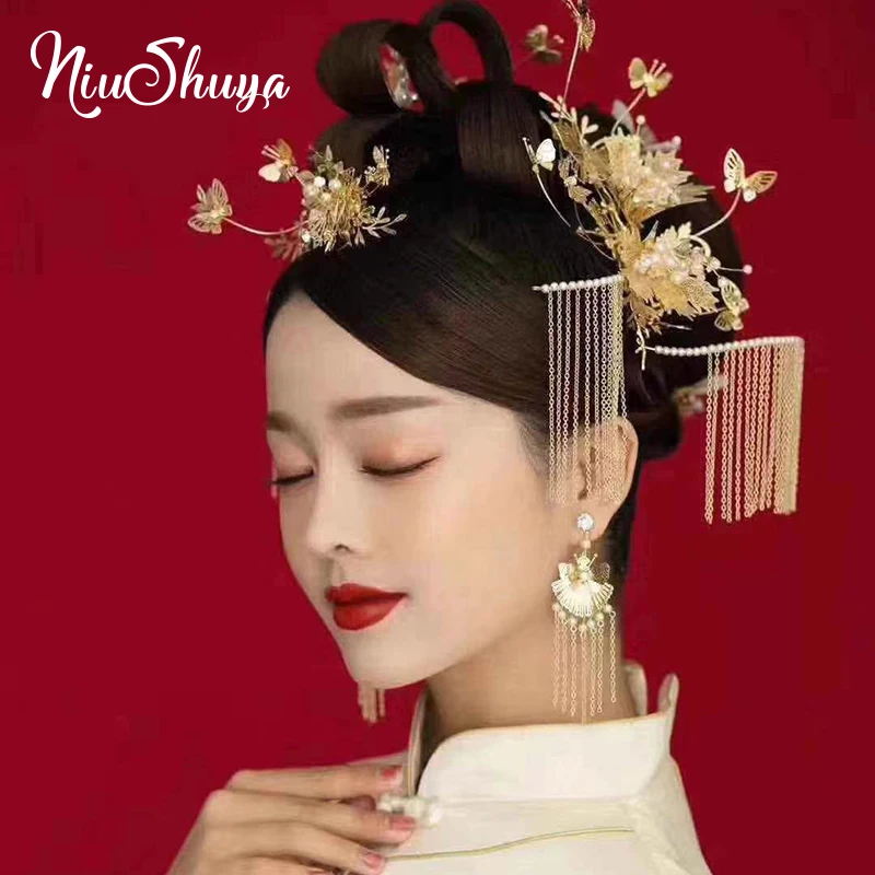 

NiuShuya New Chinese Costume Headdress Vintage Step Shake Tassel Hair Accessories Bride Wedding Stage Show Phoenix Crown