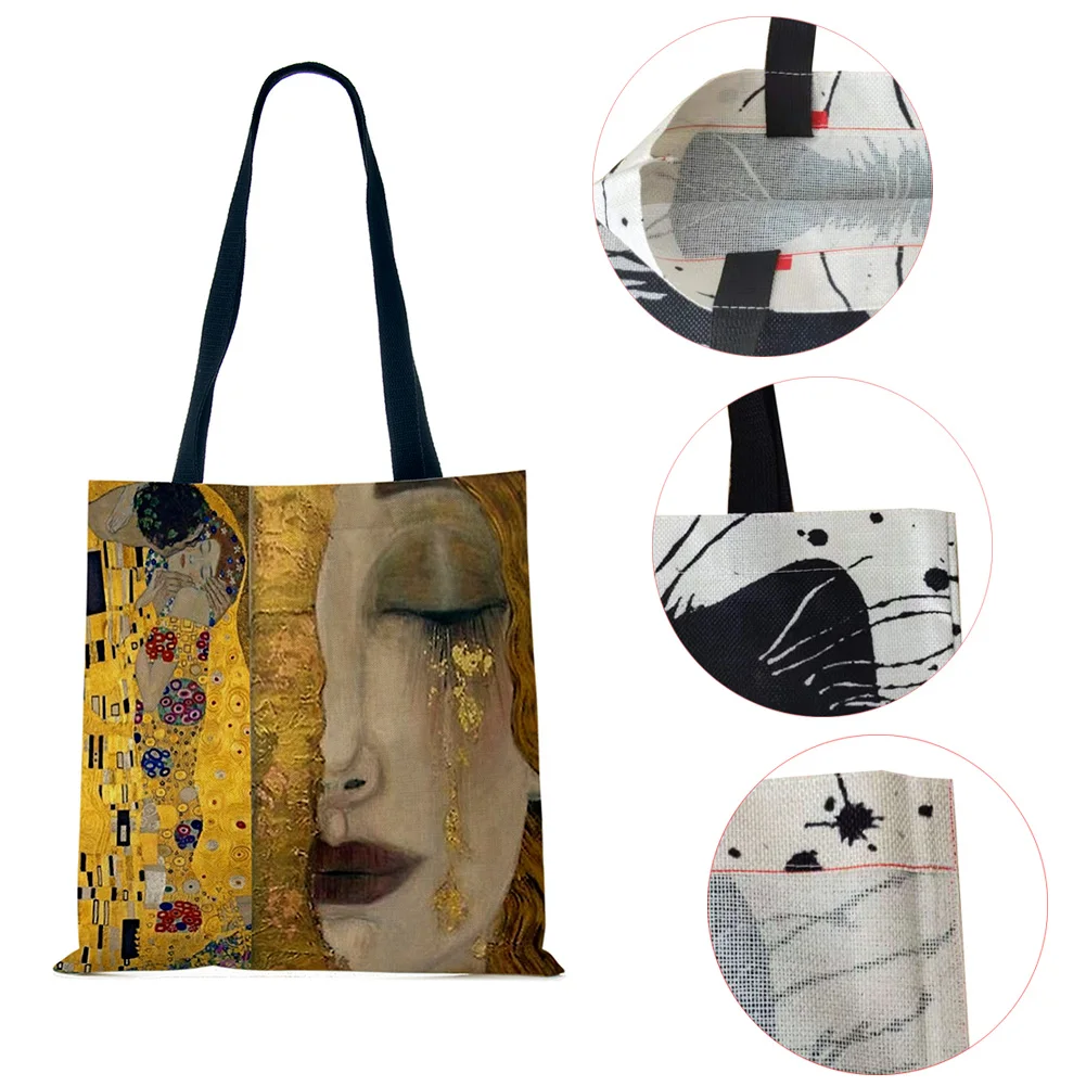 Customized Oil Painting Tears Linen Cloth Tote Bags For Women Gustav Klimt Ladise Fashion Handbag Large Capacity Shopping Totes