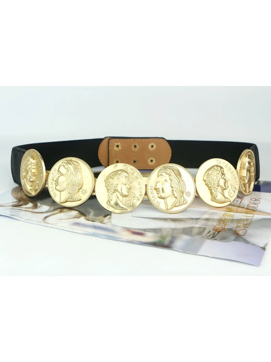 

(10 pieces/lot) 6 Gold Metal Coin Belts for women Queen & King Celebrity Belt Black & White Elastic Cinturones Mujer