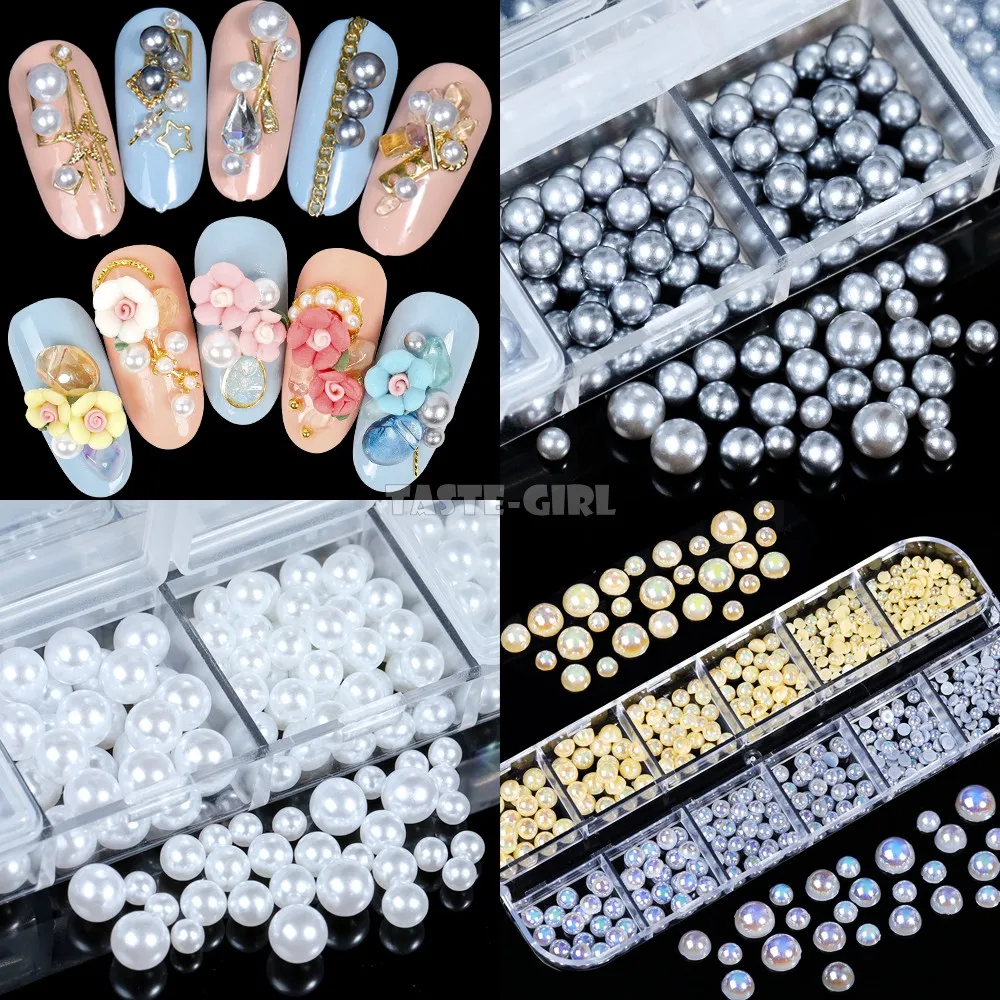 12 Grids/Box 3D Pearls Mix Sizes White AB Gray Champagne Semisphere Round ABS Nail Art Rhinestone Decorations Manicure DIY Tips