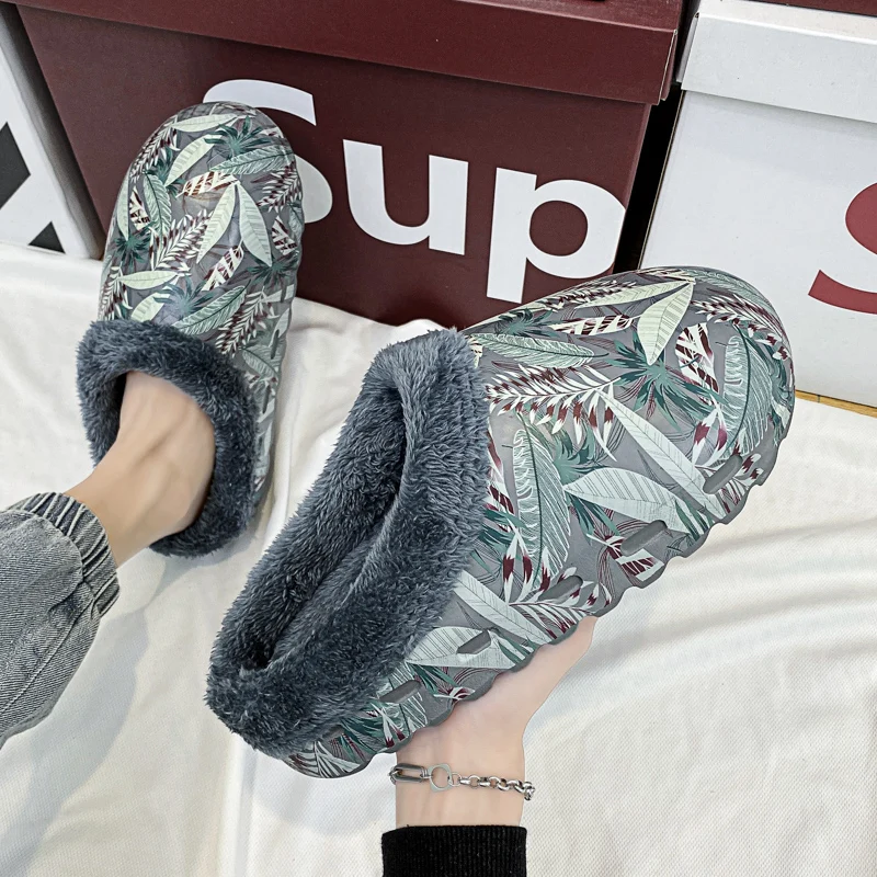 winter warm indoor slippers women men unisex designer sandals luxury unisex plush house slippers leaf printed shoes size 35-46