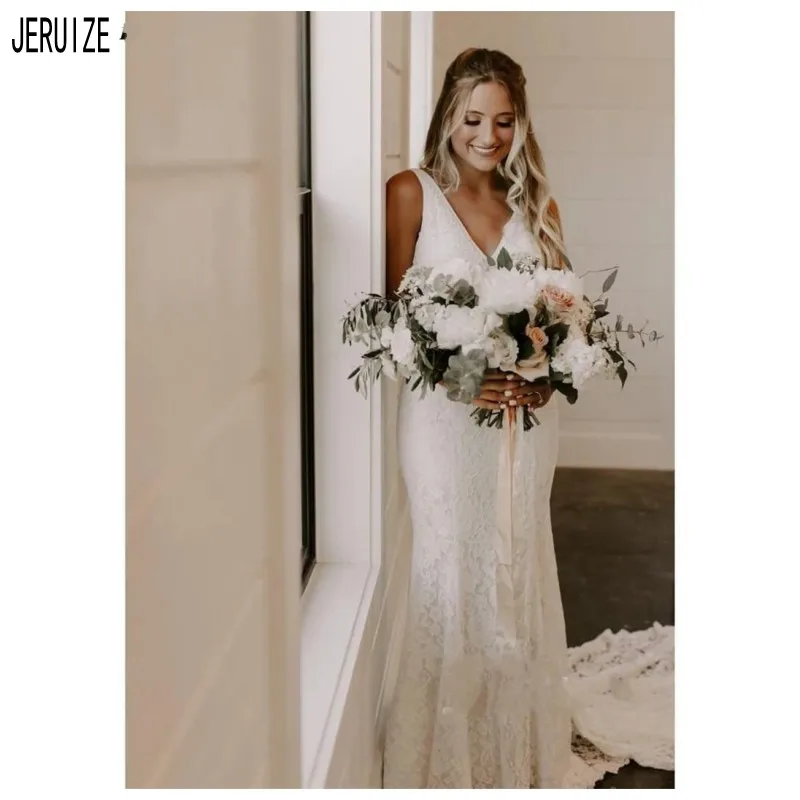 JIERUIZE Sexy Backless Lace Mermaid Wedding Dresses V Neck Sleeveless Boho Bridal Gowns Beach Bride Dresses vestido de novia