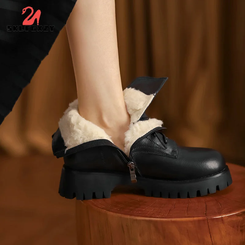 

Women Winter Boots New Natural Wool Warm Women Snow Boots Mid-heel Martin Genuine Leather Women Short Boots