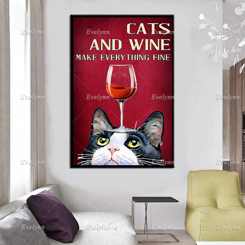 Cat Poster | Cats And Wine Make Everything Fine Vintage Poster, Cat and Wine Prints, Cat Lovers Canvas , Home Decor, Wall Art