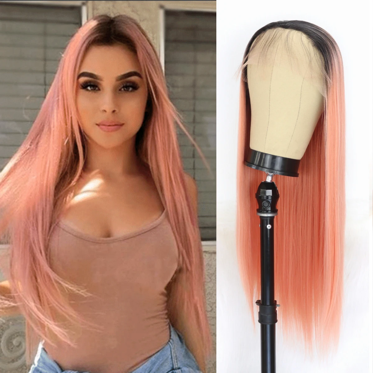 

Long Straight Hair Pink Color Lace Wig Ombre Hair Glueless Heat Resistant Synthetic Lace Front Wigs for Fashion Women