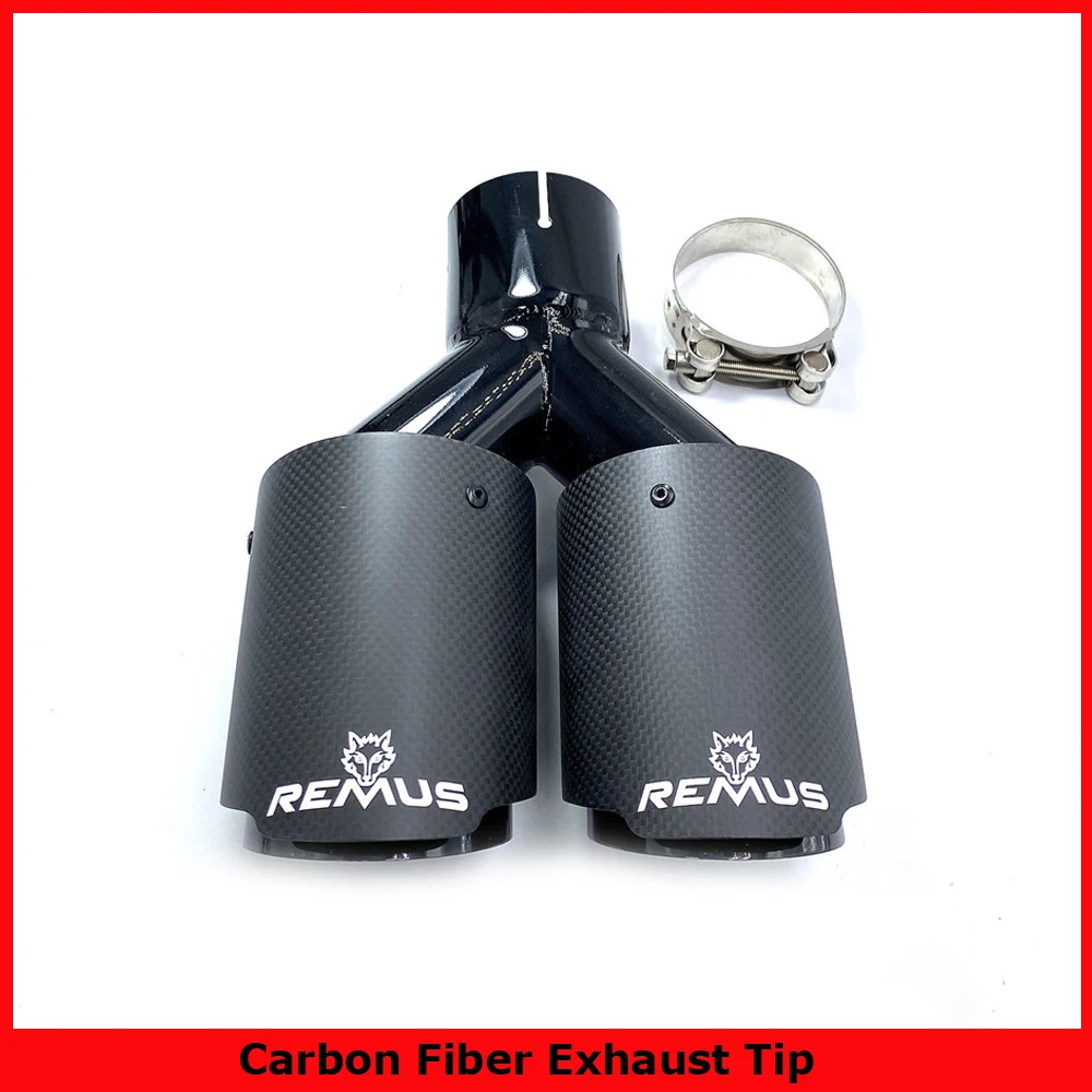 

1PC 63MM IN 89MM OUT Dual Carbon Fiber + Stainless Steel Exhaust Tip Exhaust Pipe Muffler Matt Black Exhaust Tip With Remus Logo