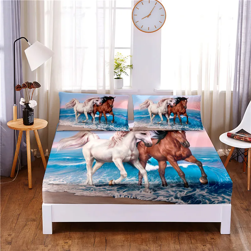 

Horse Digital Printed 3pc Polyester Fitted Sheet Mattress Cover Four Corners with Elastic Band Bed Sheet Pillowcases