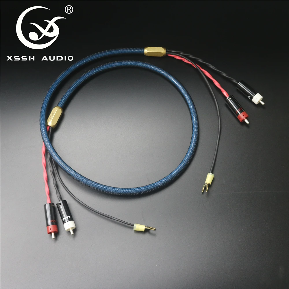 

Signal Lines XSSH 4 Core OFC Plated Silver Shield 2 RCA to 2 RCA Ground U Spade Plug Audio Phono Tonearm Cable with Ground Wire