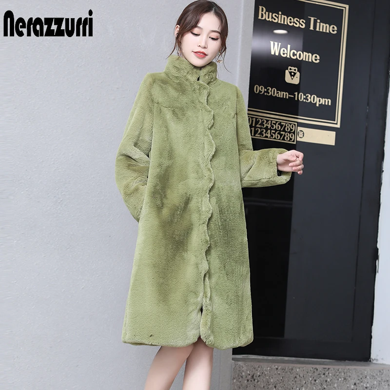 Nerazzurri Winter Colored Warm Soft Long Faux Fur Coat Women with Scallop Trim Army Green Black Fluffy Jacket Korean Fashion