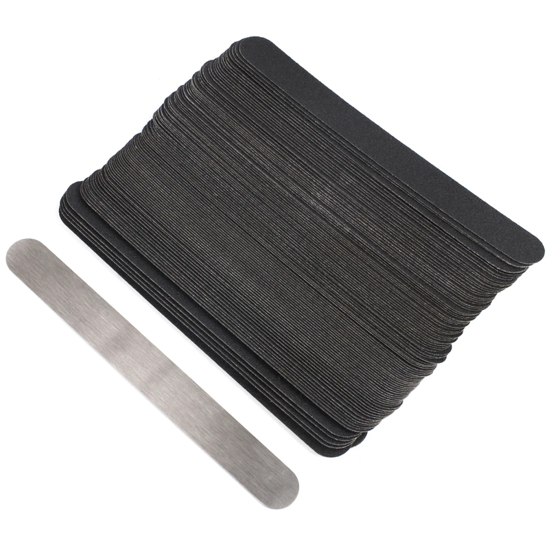 100Pcs Replacement Nail File With Metal Handle Black SandPaper Strips 100/180/240 Buffer Block Straight Polishing Manicure Files