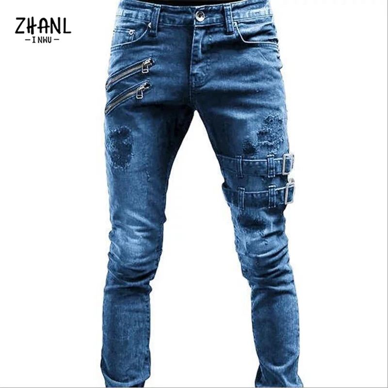 Black Slim Straight Leg Jeans Man Pants Cacual Ripped Jeans Male Streetwear Youth Man Clothes Moto Harajuku Long Denim Trousers