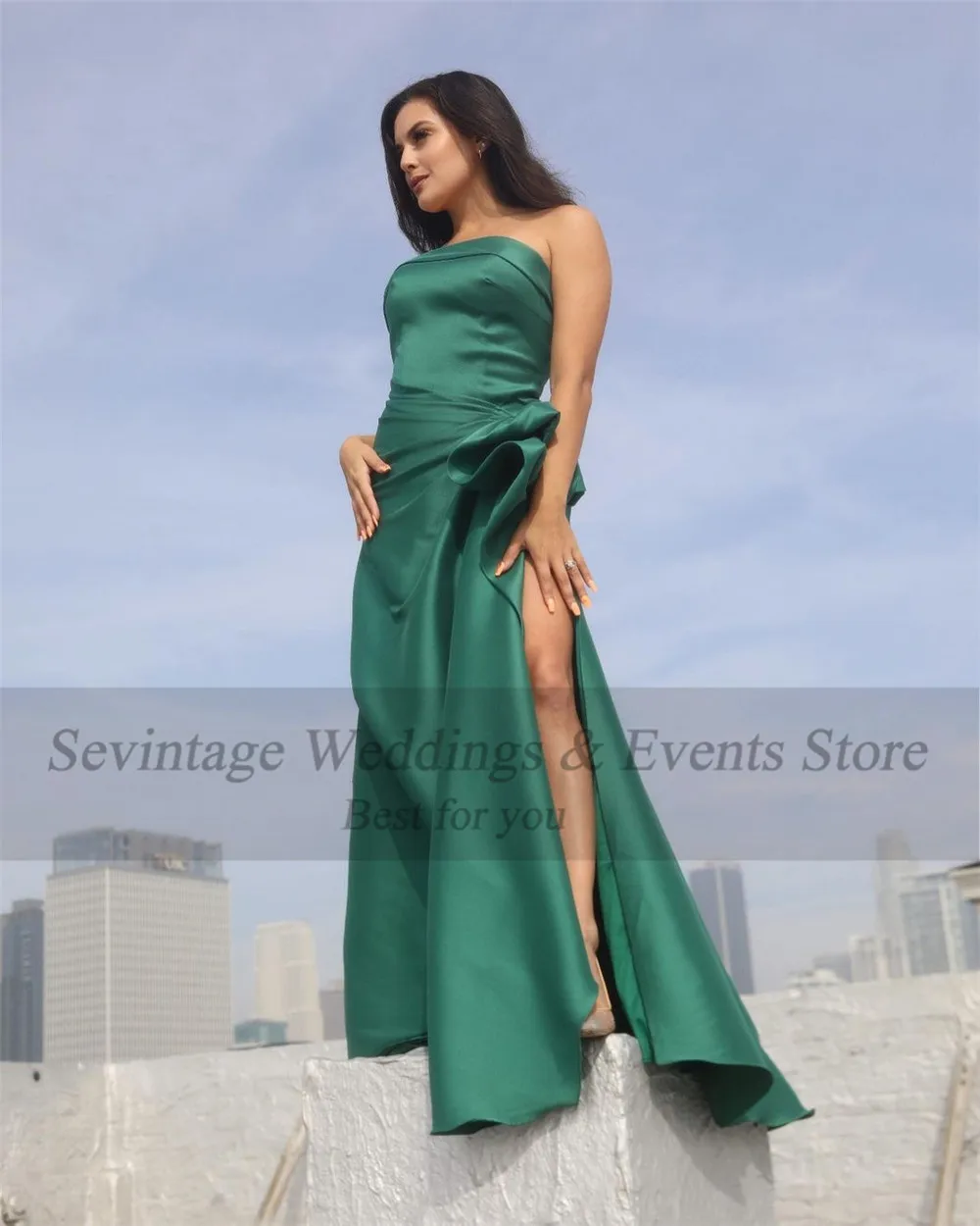 Sevintage Navy Blau Drapierte Satin Prom Party Kleider Hohe Schlitz Dubai Abendkleider Saudi-arabien Frauen Promi Formale Party Kleider 2022