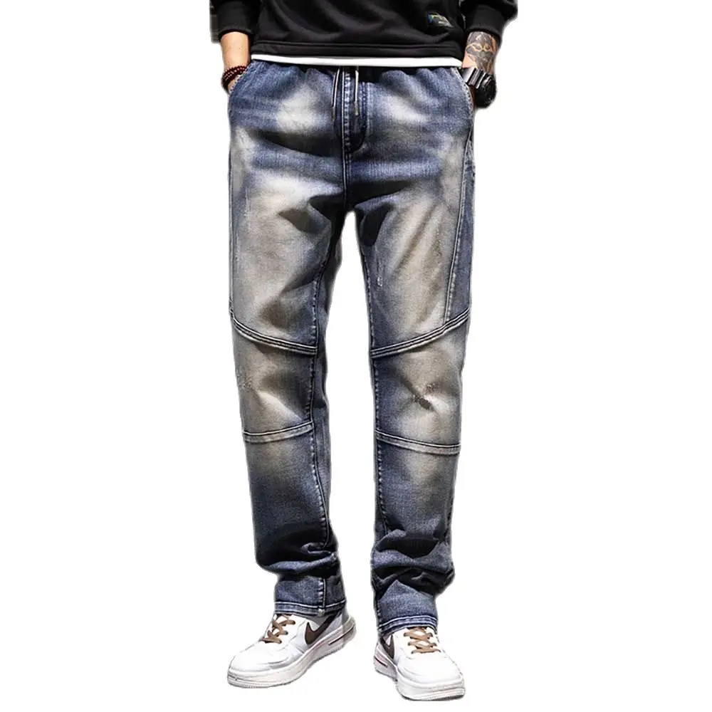 

Trend Baggy Jeans Men Casual Denim Patchwork Cargo Pants Streetwear Trousers Plus Size Straight Pockets Elastic Waist Clohting