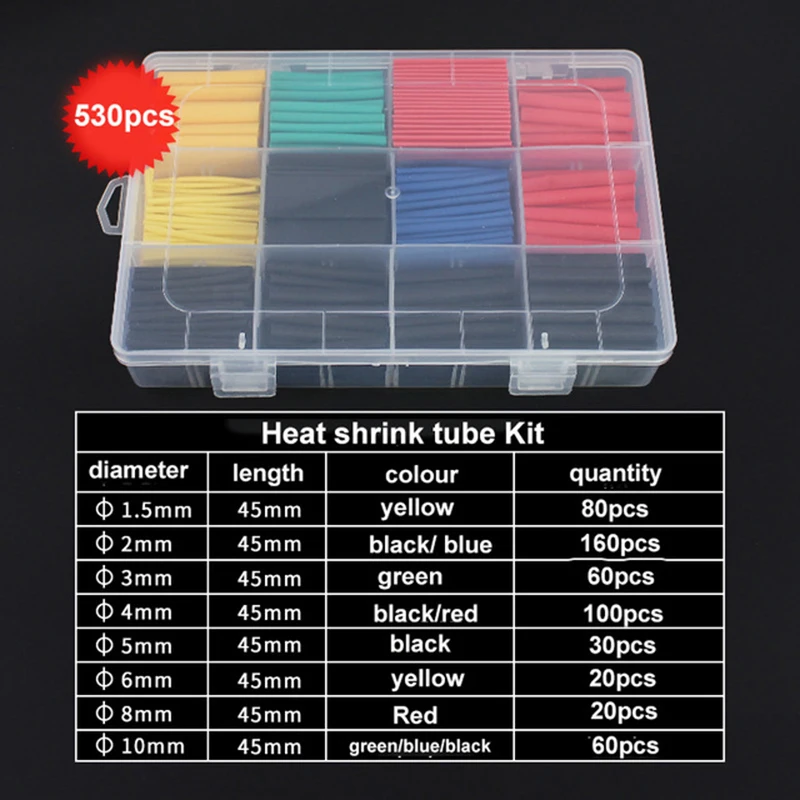 530PCS Heat Shrink Tubing Wire Insulator Repair Assortment Heat Shrinkable Wrapping Sleeve Thermoresistant Tube Polyolefin Cable