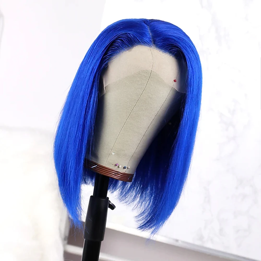 150% densidade novo design feminino adorável juventude curto cabelo humano peruca de renda azul bob estilo perucas para mulher branca