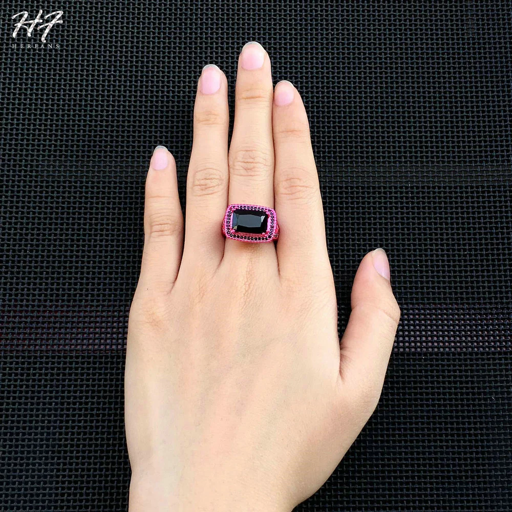 New Luxury Fashion Square Black Cubic Zirconia Pink Gold Color Ring Cocktail Rings For Women Punk Hippie Fashion Jewelry DD041