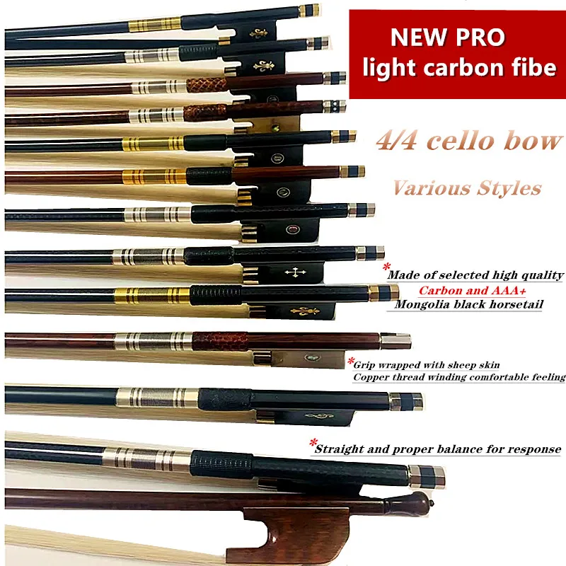 1pcs 4/4 cello bow black Grid plaid  carbon Fiber/snakewood/baroquestyle round Stick cello bow,Siberian horsetail horsehair