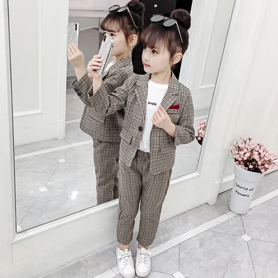 Special Offer Girls Suit Spring Fall Clothes Children's Leisure Plaid Clothing Set Kids Ruffles Lace Spliced Formal Suits P325