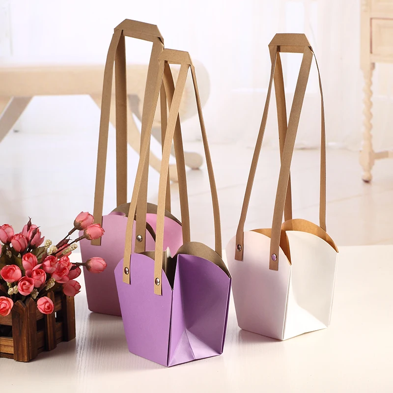 Waterproof Kraft Paper Flower Packing Bag with Paper Rope and Rivet Bonsai Package, Three Sizes Flower Pot Carrier