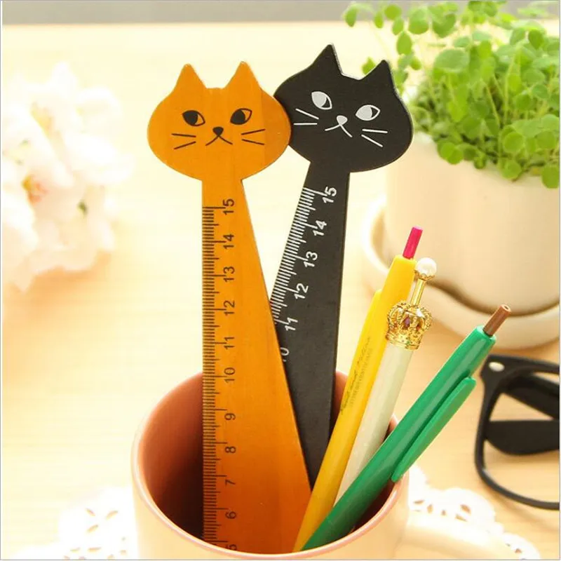 YOUE SHONE 1PCS Cute Cat Modeling Stationery Ruler Wooden Stationery Ruler Measuring Ruler Tool Learning Student School Supplies